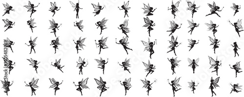 Cute Fairy art. Beautiful Fairies silhouette collection, Little fairies set. Hand drawn vector illustration