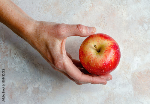 Top view of a hand picking up a delicious red apple from a colorful table. Generative AI.