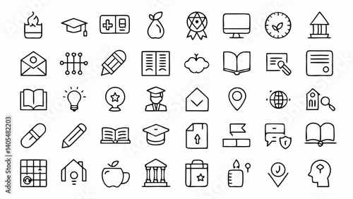 Comprehensive set of outline icons centered around educational tools and themes crafted in linear style ideal for teachers classrooms and online schools
