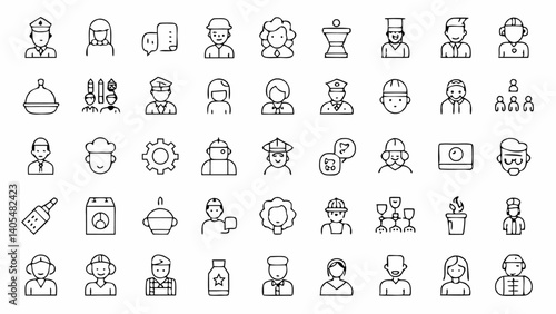 Professional line icons set representing diverse professions for recruitment portals workplace intranets career development platforms and agencies