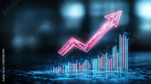 A digital rendering of a glowing pink arrow and bar graph, representing growth and progress in business with a futuristic and innovative design style.