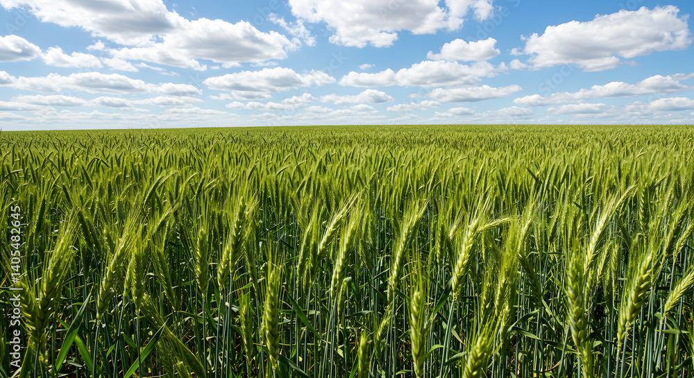 The green wheat field under a blue cloudy sky The green wheat field under a blue cloudy sky