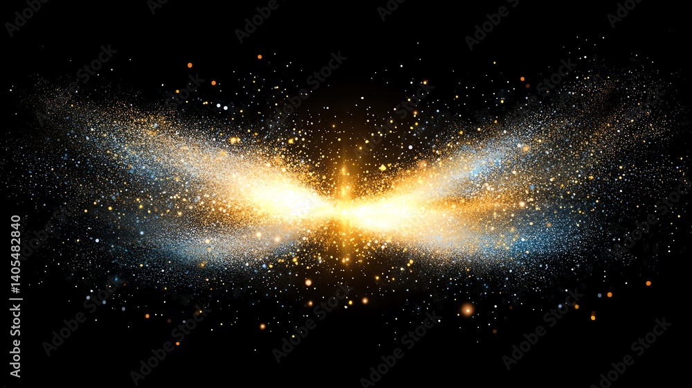Abstract cosmic scene depicting a stunning explosion of stars and bright colors in outer space, resembling the wings of a celestial entity against a black backdrop. Abstract cosmic scene depicting a stunning explosion of stars and bright colors in outer space, resembling the wings of a celestial entity against a black backdrop.