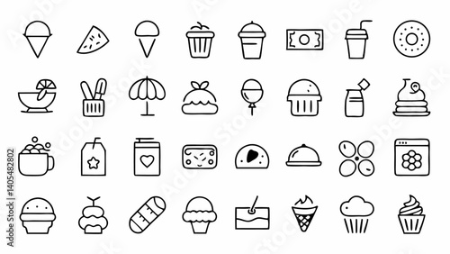 Clean line icons based on food and beverages great for cooking blogs online ordering systems and nutrition tracking applications