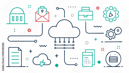 Clean line icons focused on cloud technologies useful for enterprise systems cloud development tools and hosting company branding