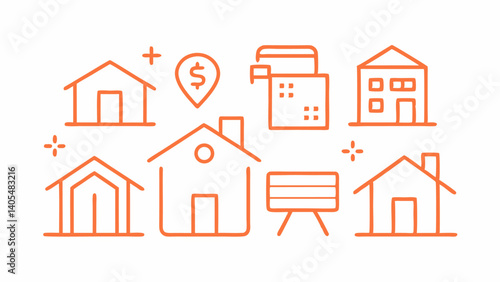 Property themed icons related to real estate development and investment created in linear style for brokers realtors and urban planners