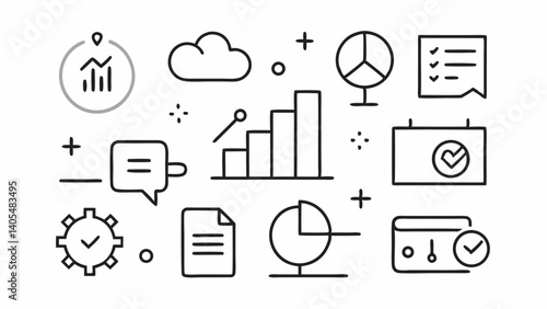 Detailed outline icon collection for analytics, metrics, and infographic elements tailored for content creators, marketers, and analysts enhancing presentations