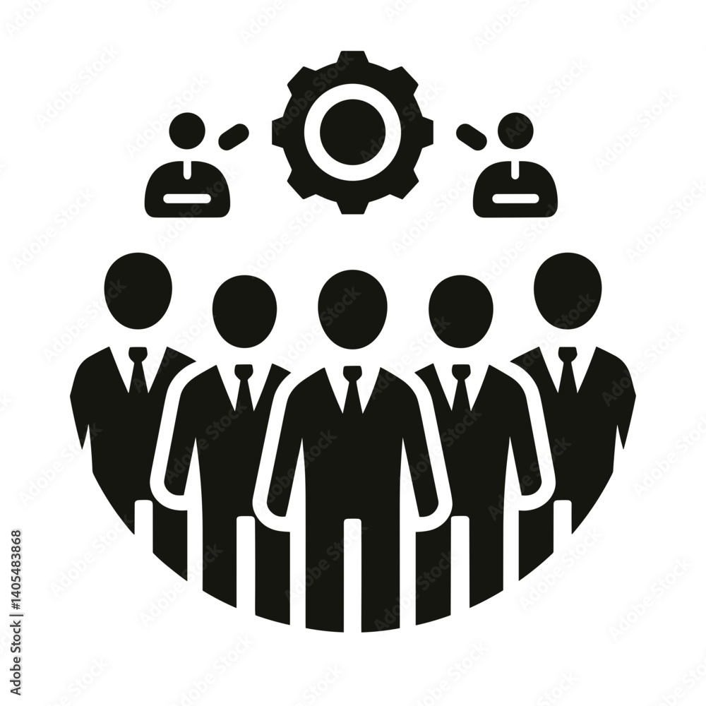 Business team collaboration with gears and icons in background on a transparent background in a circular design Business team collaboration with gears and icons in background on a transparent background in a circular design