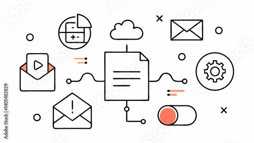 Creative outline icons representing various aspects of content creation and media production useful for marketing teams, writers, and social media managers