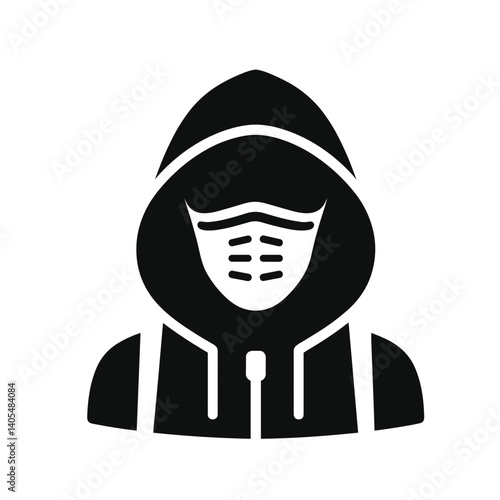 Anonymous figure wearing a mask and hoodie in silhouette style  on a transparent background