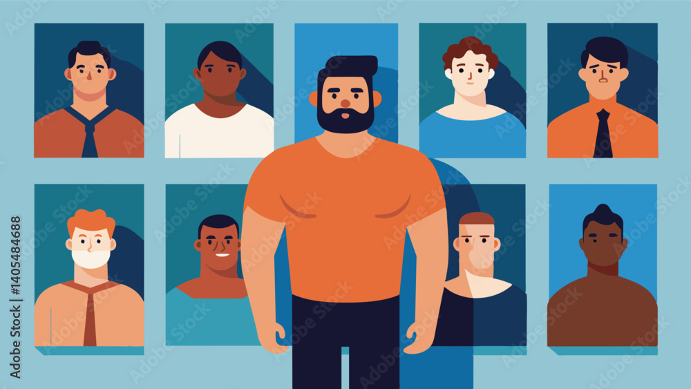 A nationwide photo exhibition featuring portraits of men of all body types and their personal stories of embracing their bodies.. Vector illustration