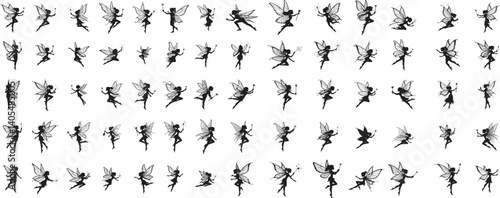 Cute Fairy art. Beautiful Fairies silhouette collection, Little fairies set. Hand drawn vector illustration