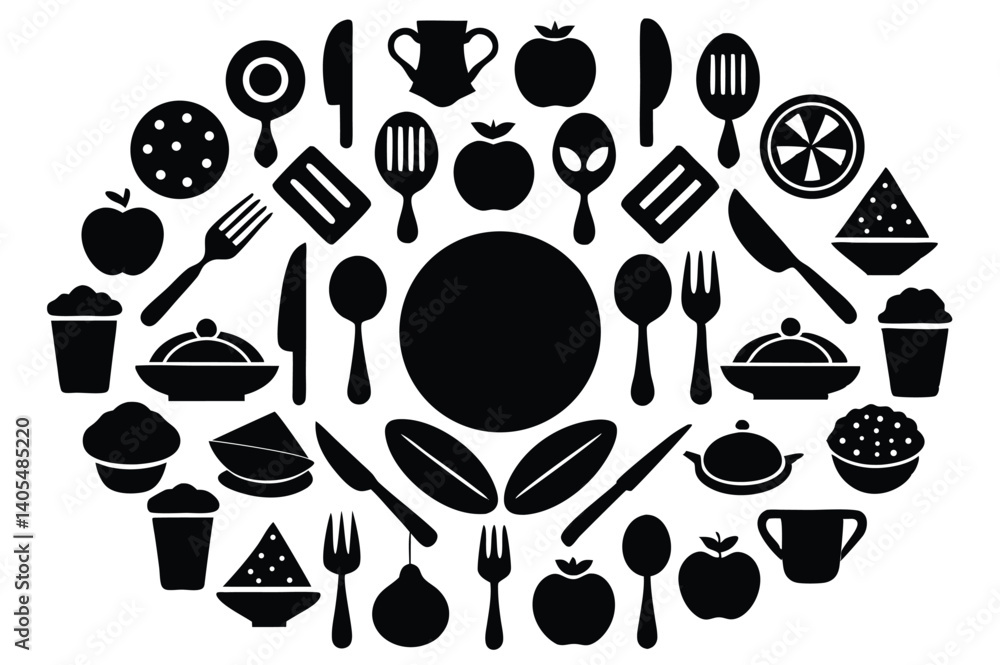 icons set, plate, fork, knife and spoon, set logotype menu, cutlery icon, tableware sign, catering vector art icons set, plate, fork, knife and spoon, set logotype menu, cutlery icon, tableware sign, catering vector art