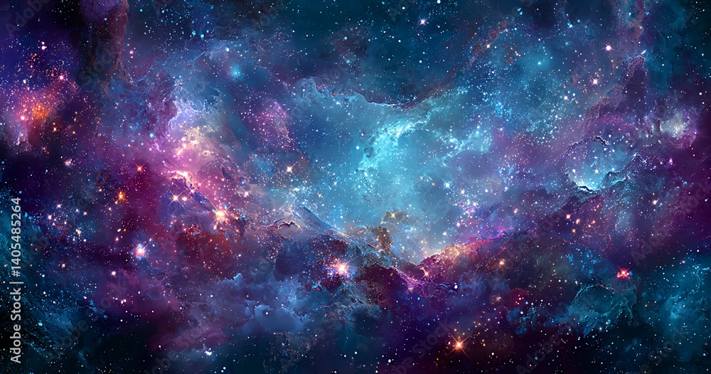Fototapeta premium Celestial Tapestry: A mesmerizing display of cosmic wonders unfolds, unveiling a vibrant panorama of galaxies, nebulae, and stars across the canvas of space.
