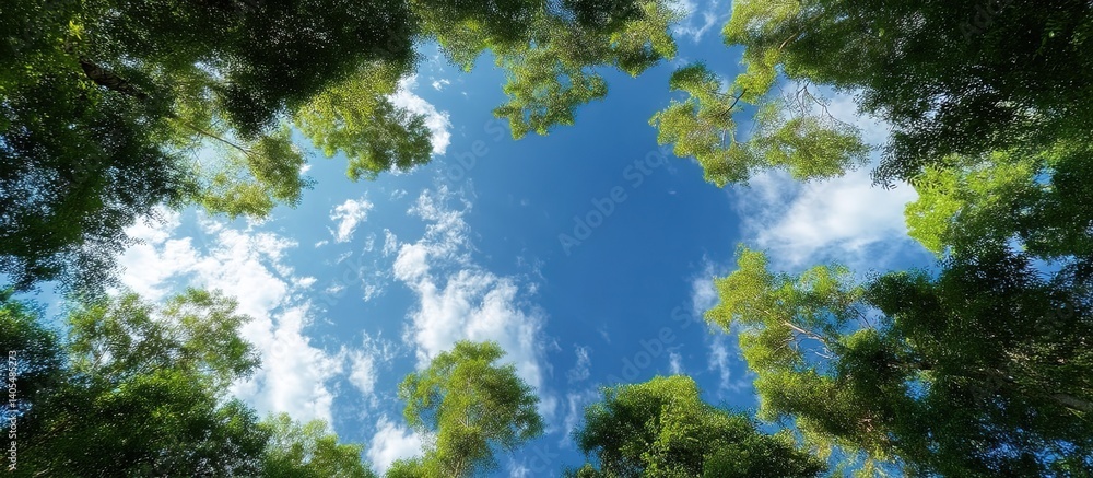 Obraz premium An upward-angle view of dense green tree canopies framing a clear blue sky with fluffy white clouds, sunlight filtering through leaves creating dappled shadows