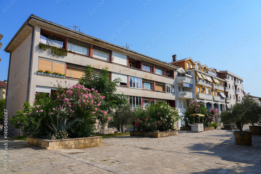 Old apartment building in Tivat in the Bay of Kotor, Montenegro
