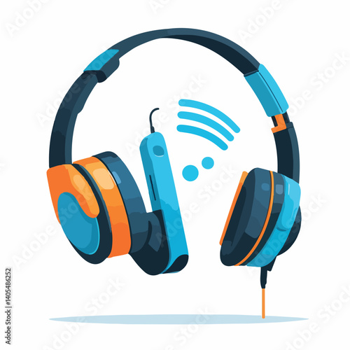 flat vector wireless headset with small speech bubble next to it, representing remote communication