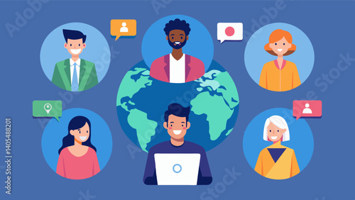 An illustration of a virtual support group meeting with men from different parts of the world connecting and supporting each other through their screens.. Vector illustration