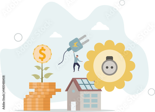 solar panel for saving .concept of alternative energy and future.flat character life .