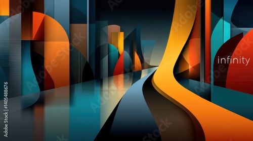 Vibrant Abstract Pathway Leading Through Geometric Shapes and Colorful Structures