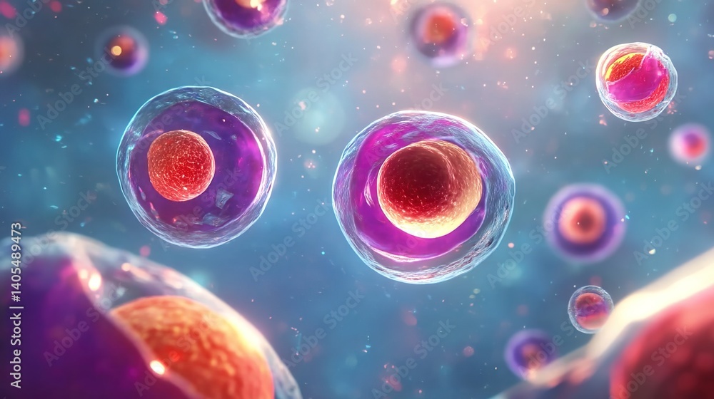 Fototapeta premium floating cells with purple outer membranes and orange-red inner structures, surrounded by small pink particles and sparkling light points against a blue sci-fi background