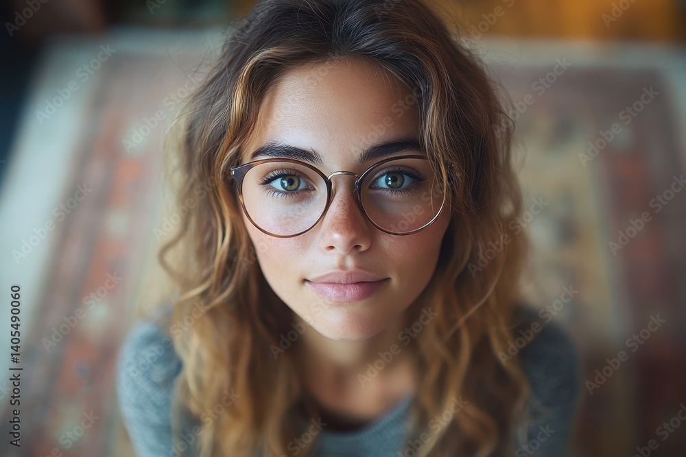 Young woman with glasses smiling warmly in a cozy indoor setting with soft natural light during the day Young woman with glasses smiling warmly in a cozy indoor setting with soft natural light during the day