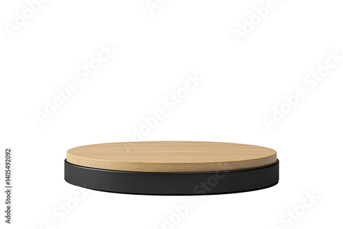 A circular, light-brown wooden stage on a black base. Isolated on a pure, solid transparent background. Minimal, clean