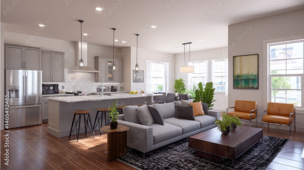 Fototapeta premium Modern living room and kitchen.