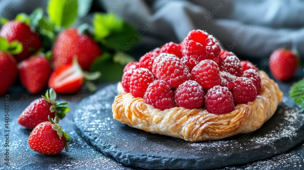 Fresh Raspberry Tart with Strawberries and Powdered Sugar Decoration Fresh Raspberry Tart with Strawberries and Powdered Sugar Decoration