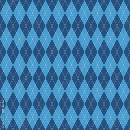 Argyle Seamless geometric Pattern. Blue diamonds with thin gray dotted line. Happy Fathers Day. For Baby Boy or Little Man invitation, greeting cards, men's clothing, wrapping paper, wallpaper 