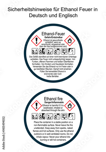 Sicherheitshinweise für Ethanol-Feuer in Deutsch und Englisch