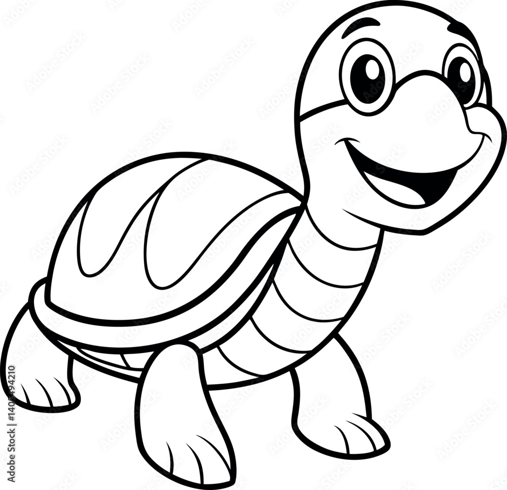 Obraz premium A cheerful cartoon turtle with a big smile, ideal for children's coloring books and educational materials. The turtle is outlined in black and white, making it perfect for print-and-color activities.