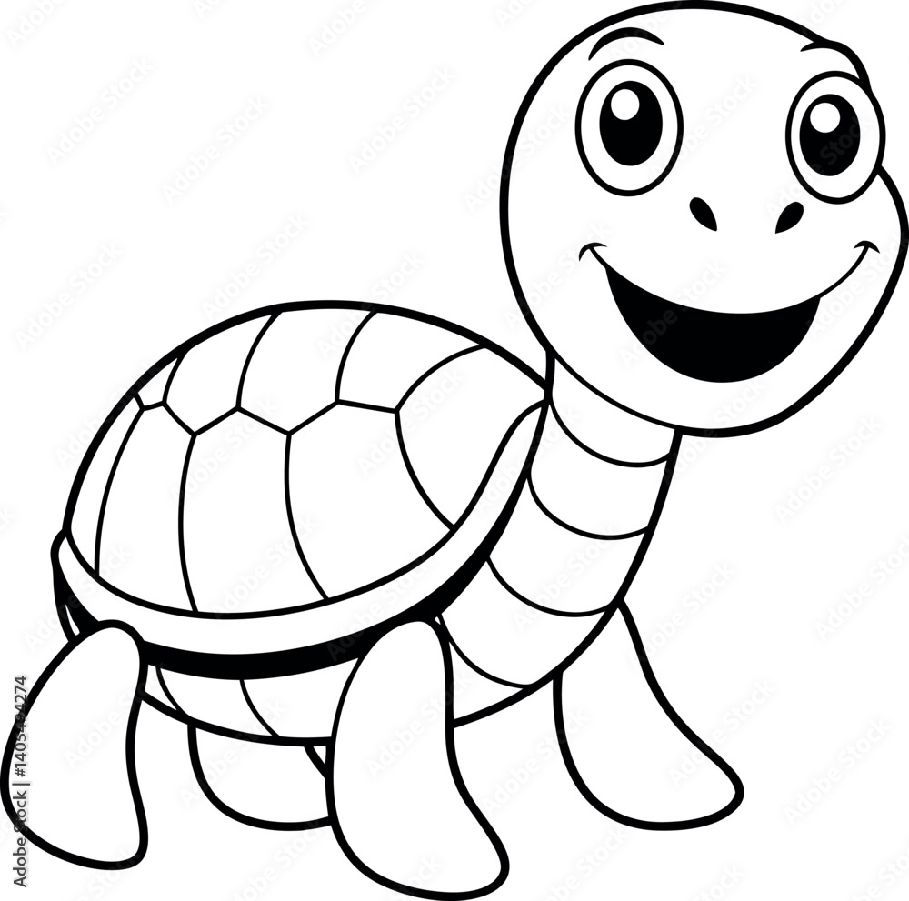 Fototapeta premium A cheerful cartoon turtle with a big smile, ideal for children's coloring books and educational materials. The turtle is outlined in black and white, making it perfect for print-and-color activities.