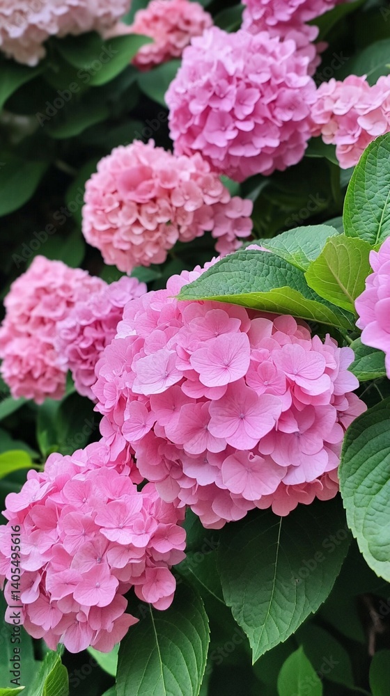 Beautiful close-up of vibrant pink hydrangea flowers in full bloom, surrounded by lush green leaves, showcasing delicate petals and vivid colors in a serene natural setting. Beautiful close-up of vibrant pink hydrangea flowers in full bloom, surrounded by lush green leaves, showcasing delicate petals and vivid colors in a serene natural setting.