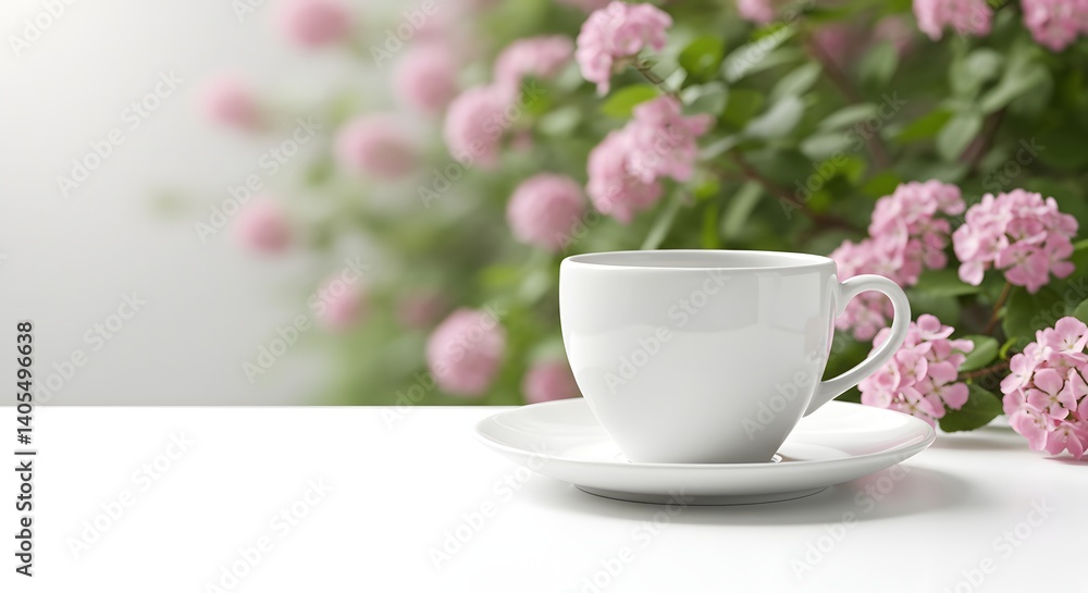 A white teacup and saucer sitting on a white surface with pink flowers in the background slightly blurred A white teacup and saucer sitting on a white surface with pink flowers in the background slightly blurred