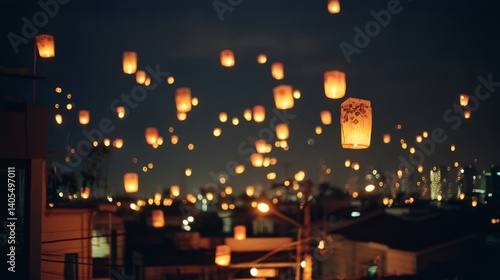 Wallpaper Mural Lanterns float against the night sky, creating a magical atmosphere over a cityscape, illuminating the darkness with warm, glowing light. Torontodigital.ca