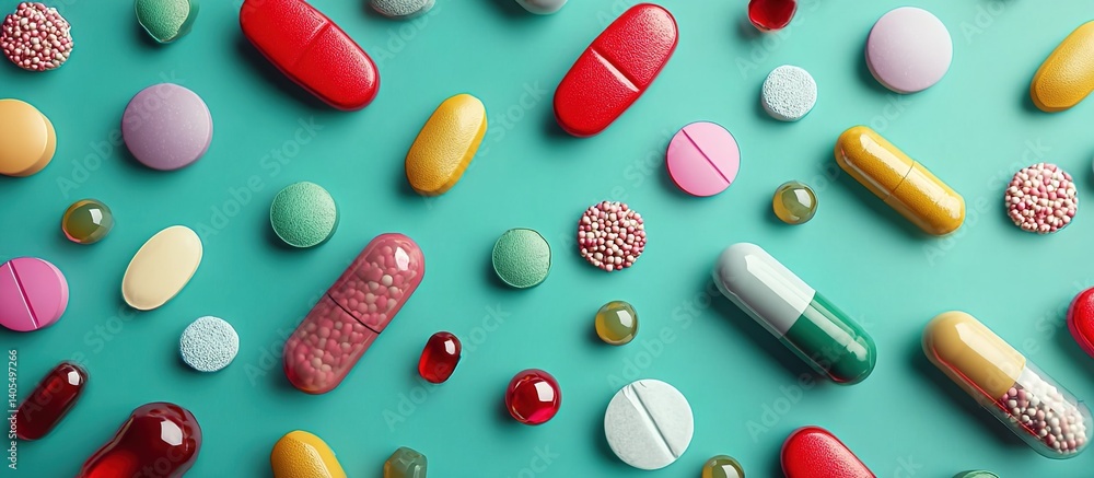 Flat-lay of red-yellow capsules, gray-yellow capsules, light-blue-gray capsules, and round pills in red, yellow, pink scattered randomly on a bright turquoise background under even studio lighting Flat-lay of red-yellow capsules, gray-yellow capsules, light-blue-gray capsules, and round pills in red, yellow, pink scattered randomly on a bright turquoise background under even studio lighting