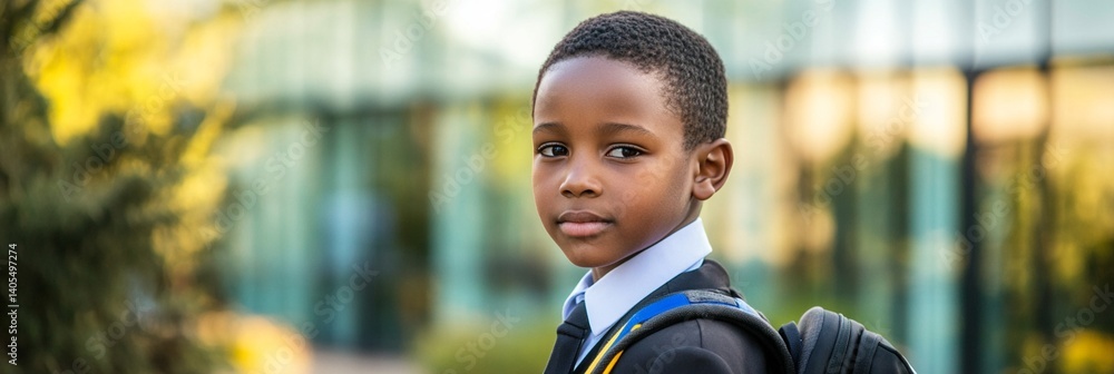 Young student in school uniform standing confidently outside modern building with soft autumn light creating warm background atmosphere