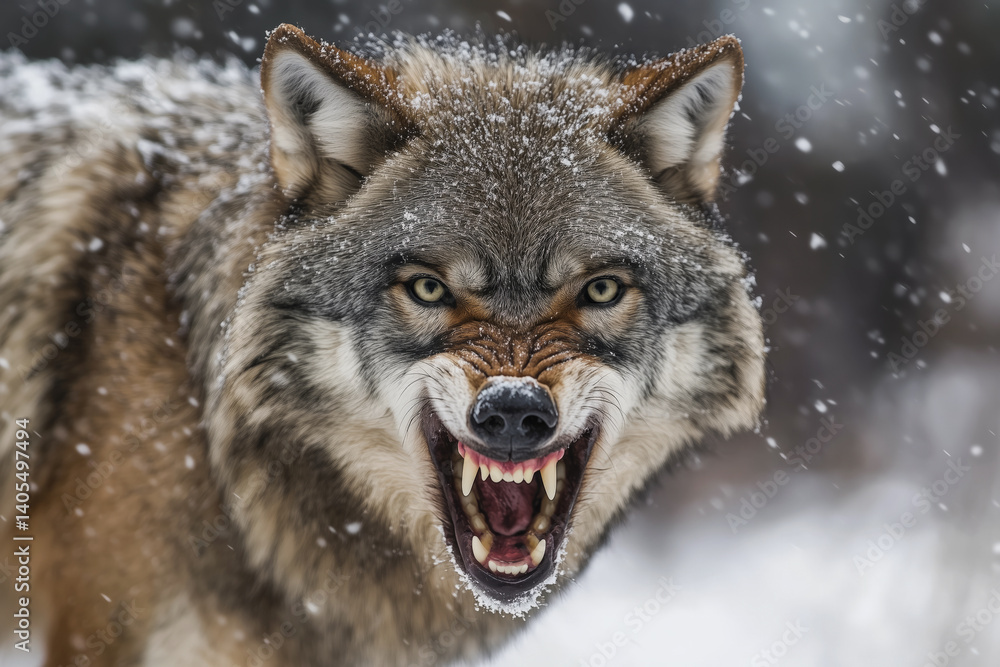 Fototapeta premium Snarling wolf in a snowstorm