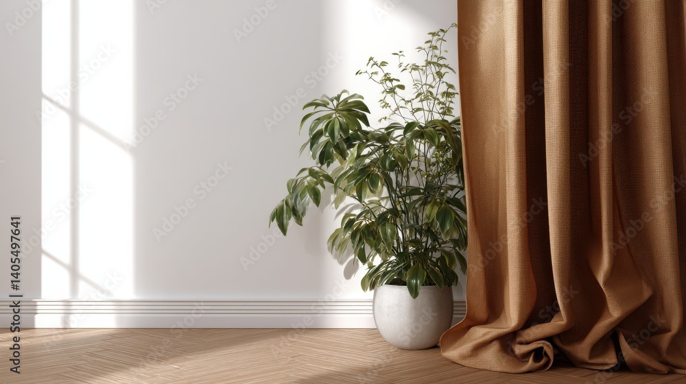 Fototapeta premium Sunlight streams into a room, illuminating a potted plant and brown curtains.