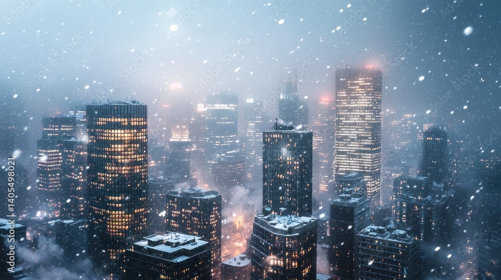 Fototapeta premium Snowy Metropolis Nightscape: An Aerial View of Illuminated Skyscrapers Under a Winter Storm