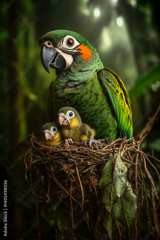 Obraz premium Parrot in Nest with Chicks in Lush Jungle Surroundings