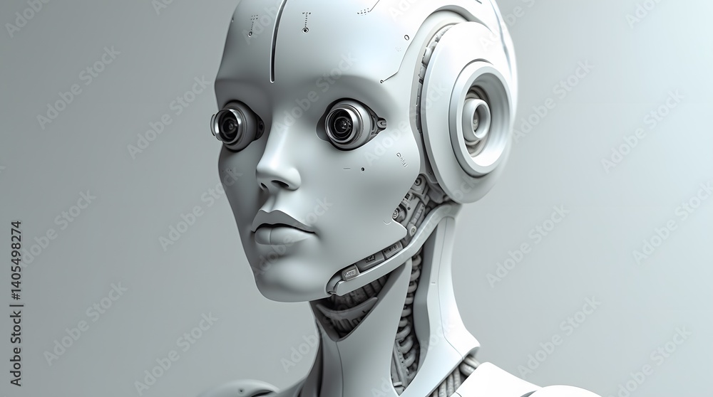 Futuristic AI portrait. White robot face, detailed design. Ideal for tech, sci-fi, innovation themes. Futuristic AI portrait. White robot face, detailed design. Ideal for tech, sci-fi, innovation themes.