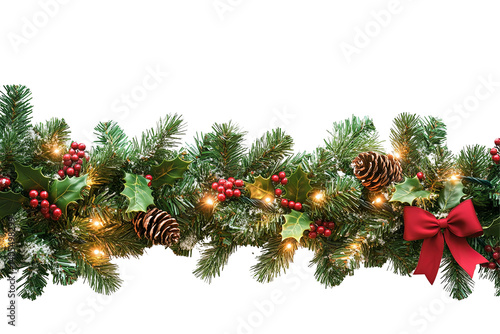 Festive garland with pine, berries, pinecones, and a red bow, twinkling lights, against a stark transparent background