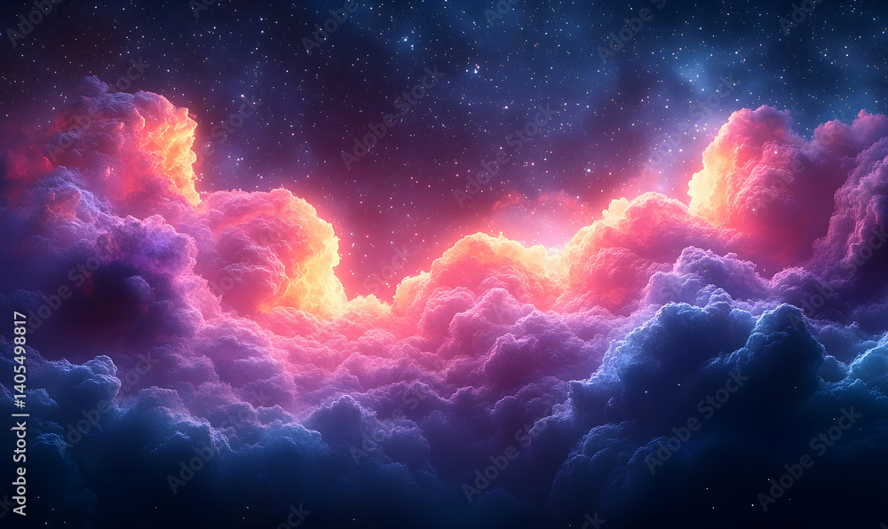 Naklejka premium Vibrant cosmic clouds illuminated by a radiant sunset, set against a starry night sky