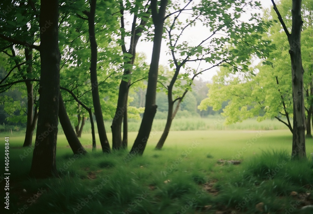 Fototapeta premium Lush Forest Scene: The photo depicts a vibrant forest with lush greenery, offering a tranquil, inviting escape. It features tall trees with winding trunks and fresh leaves, set against a soft.