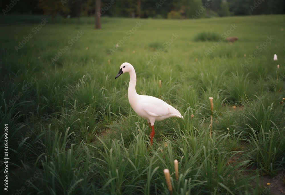 Obraz premium Swan Amidst the Green: A regal swan navigates a verdant field, exuding serenity and grace against a backdrop of nature's palette.