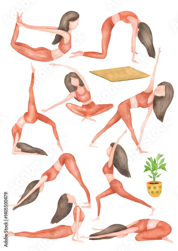Watercolor set of yoga poses