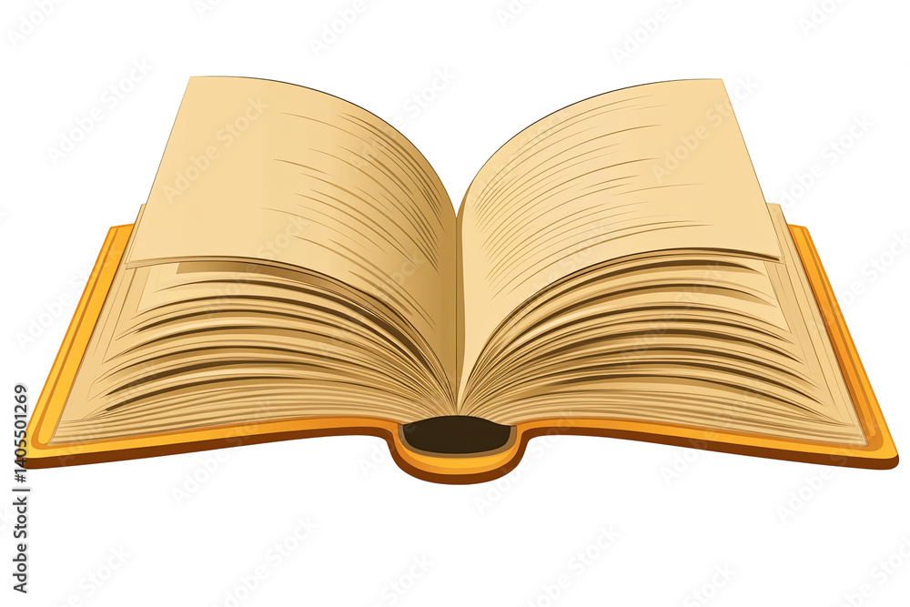 Obraz premium An open book with blank pages, cover in orange, middle connection visible, isolated transparent background. Pages lightly shaded for depth