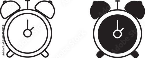 Alarm clock icons, minimalist design, black and white, line drawing, bell-shaped tops, simple shapes, geometric forms, vector illustration